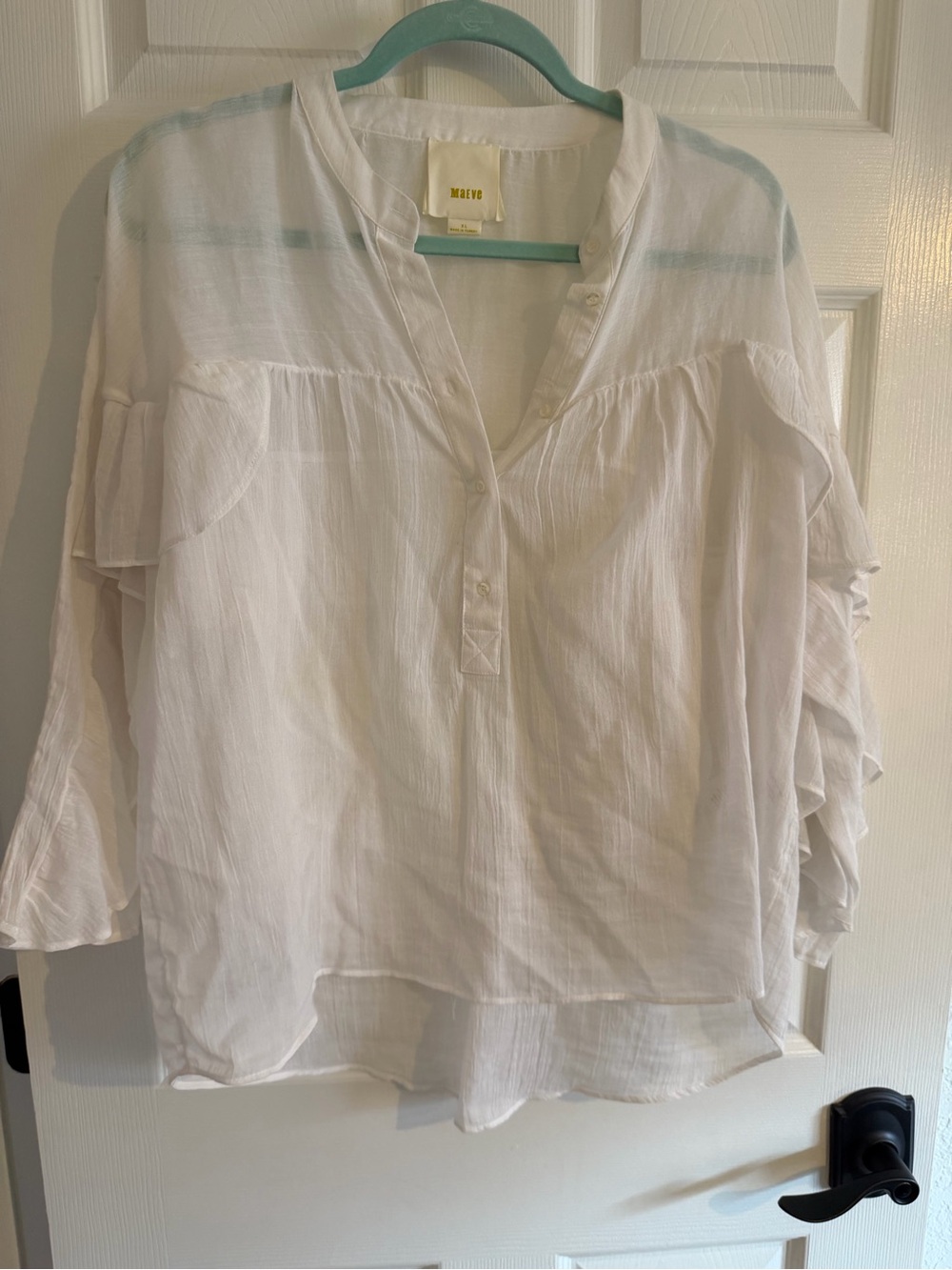 Maeve White Ruffle-Sleeve Henley Peasant Blouse Anthropologie